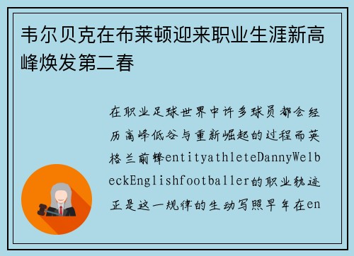 韦尔贝克在布莱顿迎来职业生涯新高峰焕发第二春